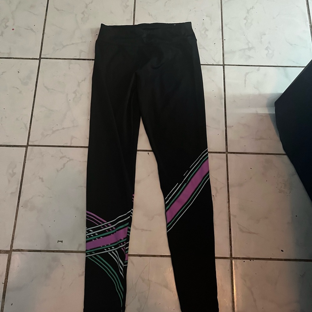 Justice Black Leggings with Pink and Green Stripes